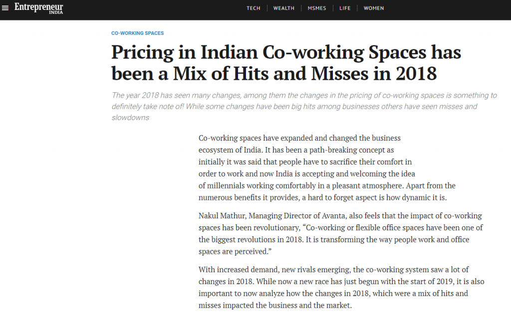 Pricing in Indian Co-working Spaces has been a Mix of Hits and Misses in 2018